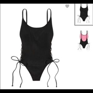 VICTORIA’S SECRET PINK RIBBED LACE UP BATHING SUIT SIZE LARGE